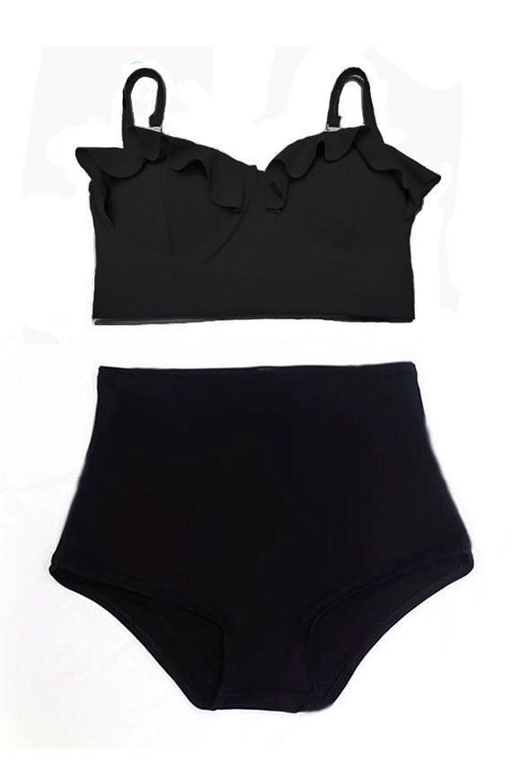 Women's Swimwear : Black Midkini Padded Top and Highwaisted swimsuit ...
